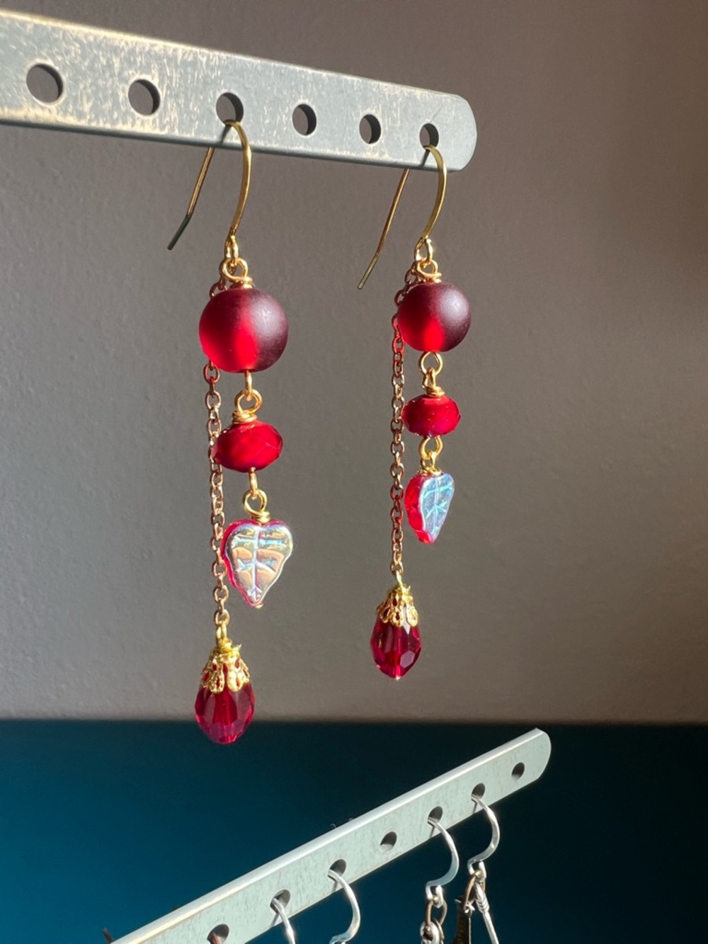 Handmade red glass dangle leaf earrings